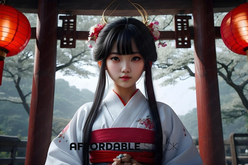 A young Asian woman wearing a traditional kimono