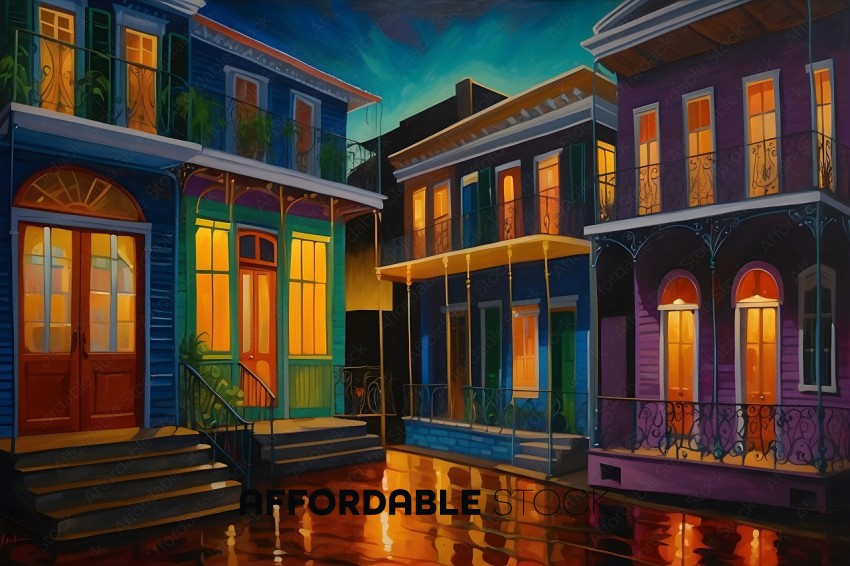 A painting of a city street at night with rain