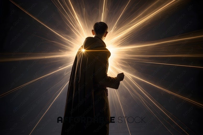 A man in a long robe stands in front of a light source