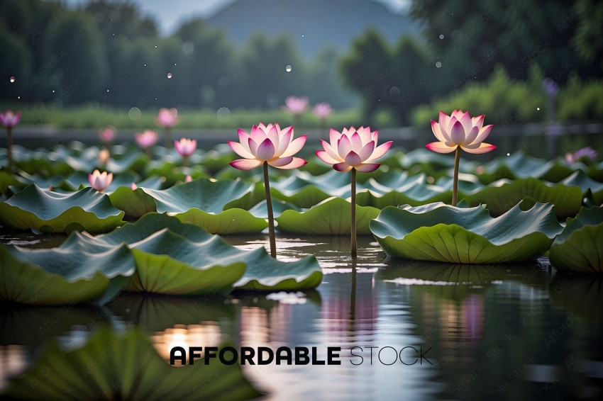 Pink Lotus Flowers in a Pond