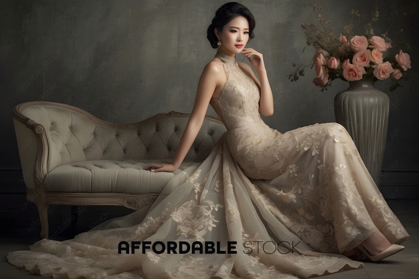 A woman in a long, elegant dress sits on a couch