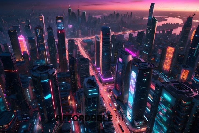 A futuristic cityscape with neon lights and a busy highway