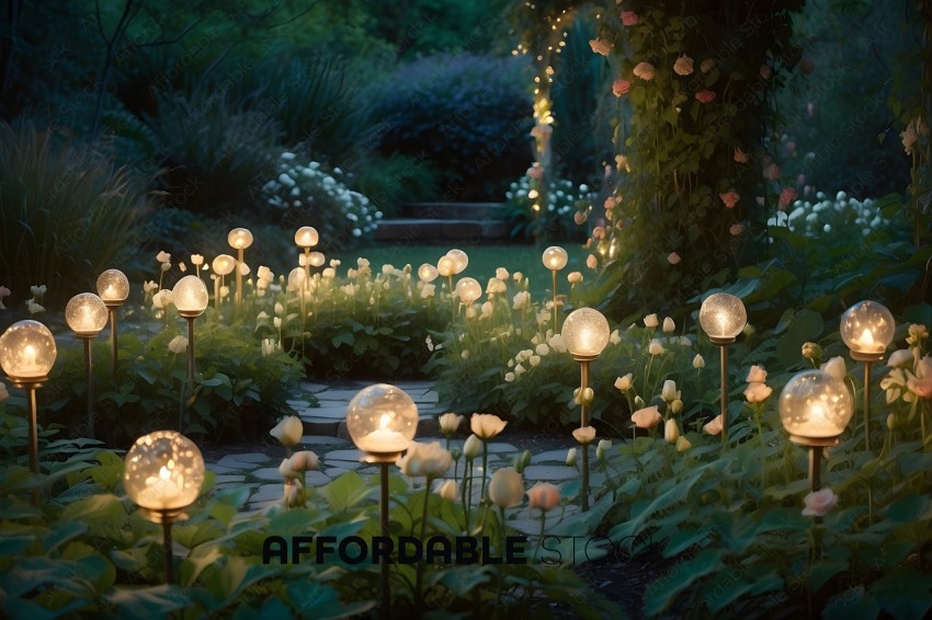 A garden with a pathway lit with glowing balls