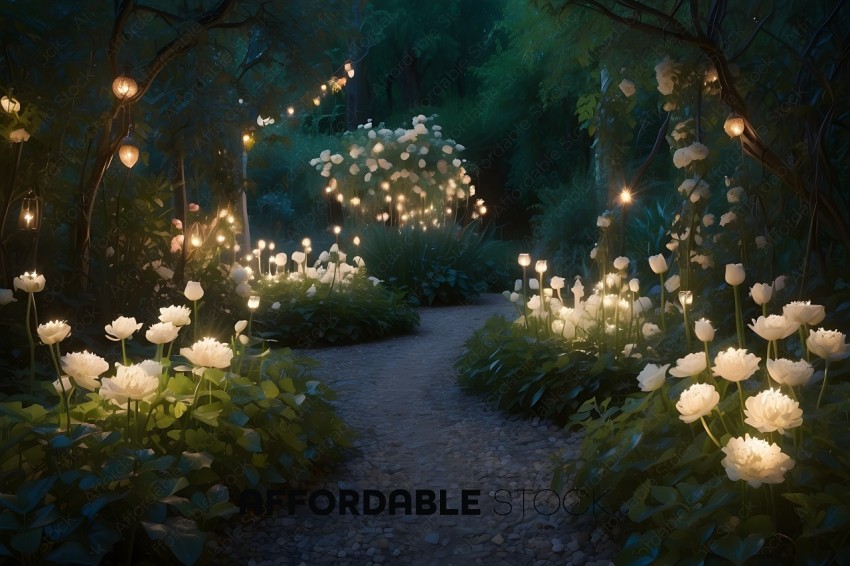 A pathway lined with flowers and lights
