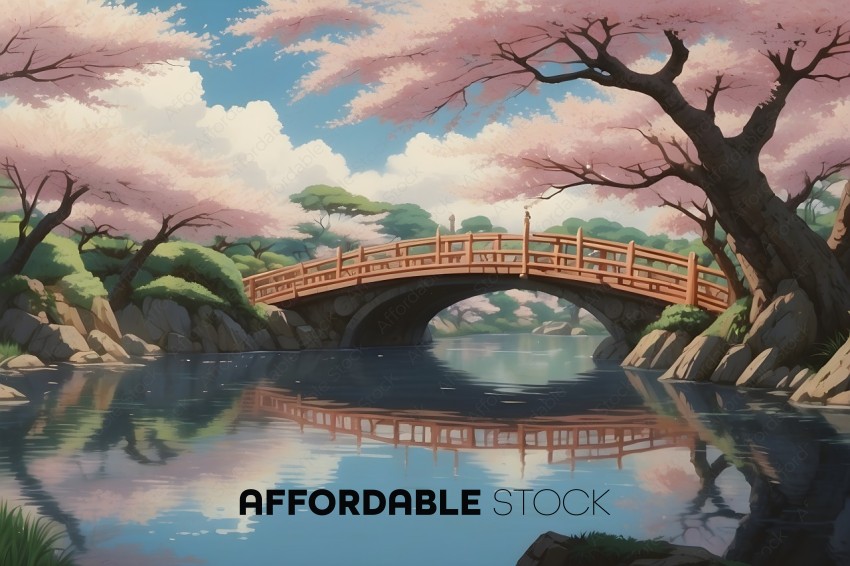 A beautiful painting of a bridge over a river with cherry blossoms