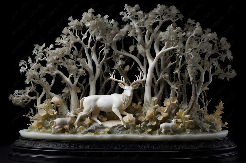 A carved white deer with antlers and a fawn