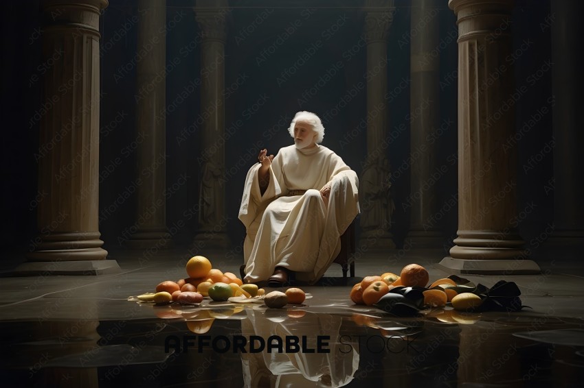 An old man sitting in a chair with fruit around him