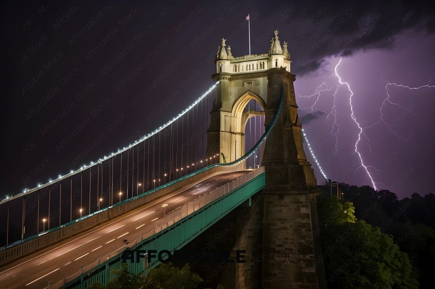 A bridge with a lightning bolt in the background