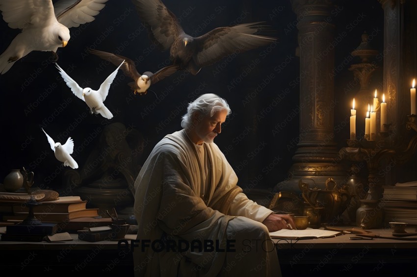 A man in a white robe is writing while birds fly around him