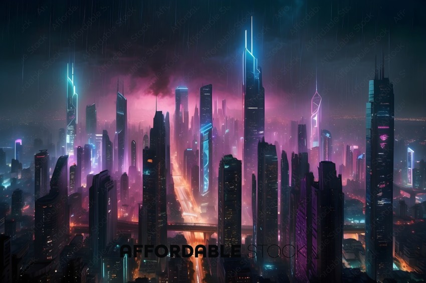 A futuristic cityscape with a purple skyline