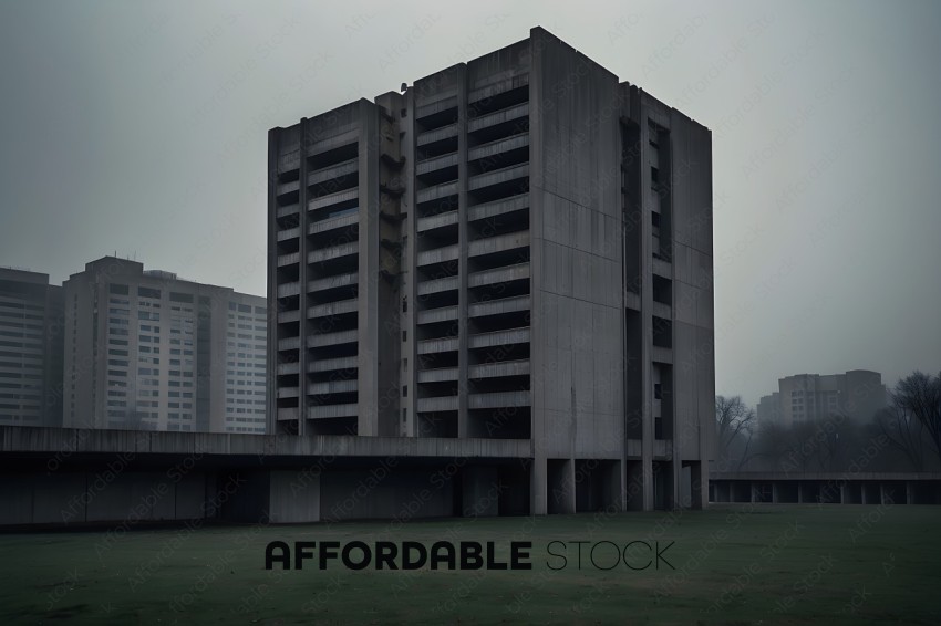 A large concrete building with a grassy field in front of it