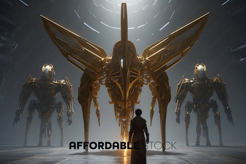 A person standing in front of a gold robot