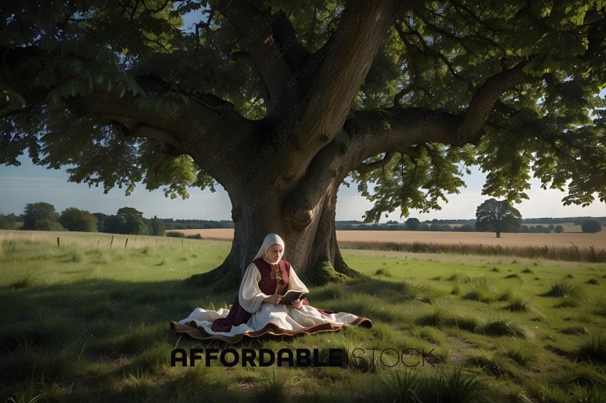 A woman reading a book under a tree