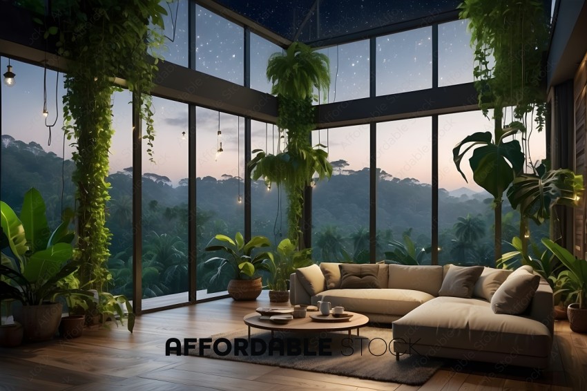 A modern living room with a view of the jungle