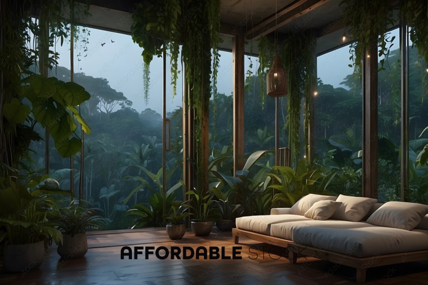 A modern, minimalist living room with a view of the jungle