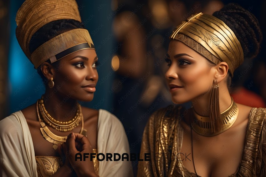 Two African American women wearing gold headpieces