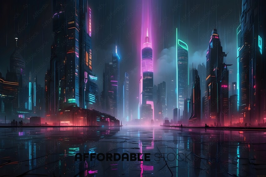 A futuristic cityscape with a rainbow of lights
