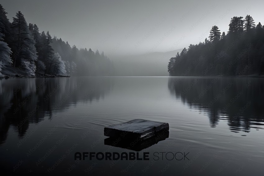 A small wooden object sits in the middle of a lake