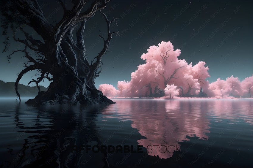 Pink Trees Reflection in Water at Night