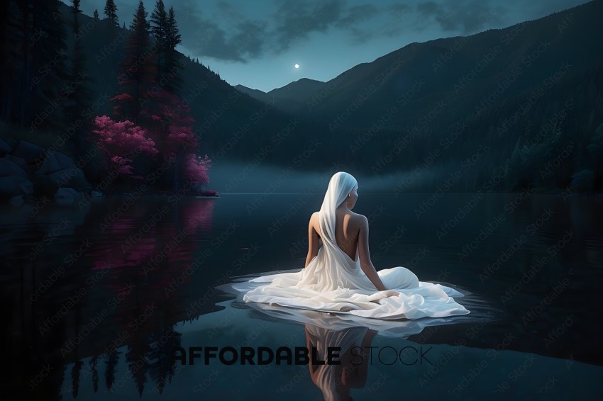 A woman in a white dress sits in a lake at night