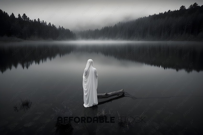 A person in a white robe stands in the water