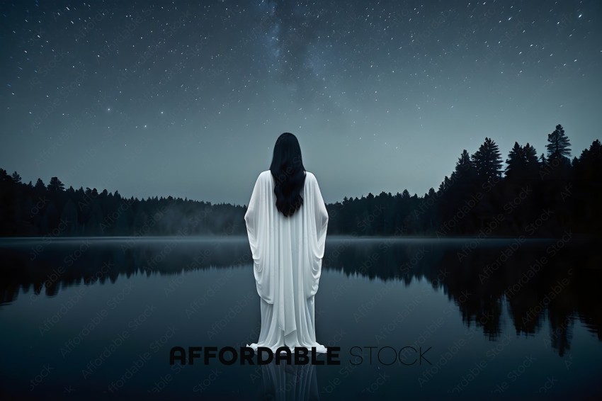 A woman in a white dress stands in front of a lake at night