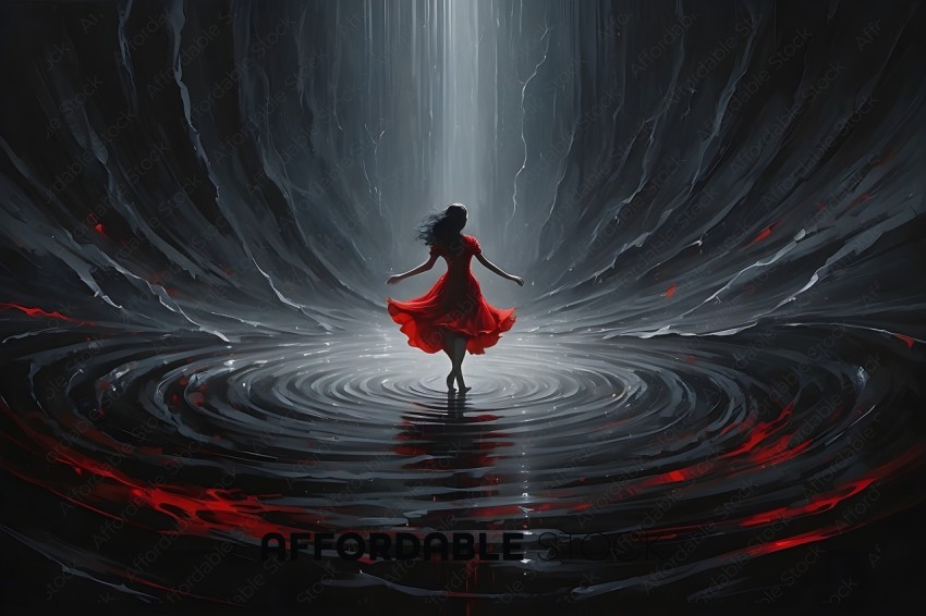 A woman in a red dress is standing in a body of water