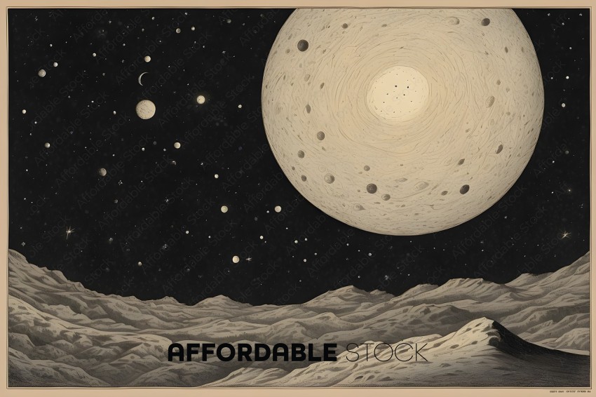 A black and white drawing of a planet with mountains and a large moon