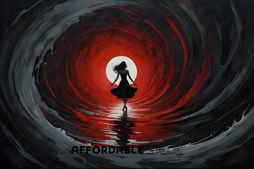 A woman in a black dress is walking through a red tunnel