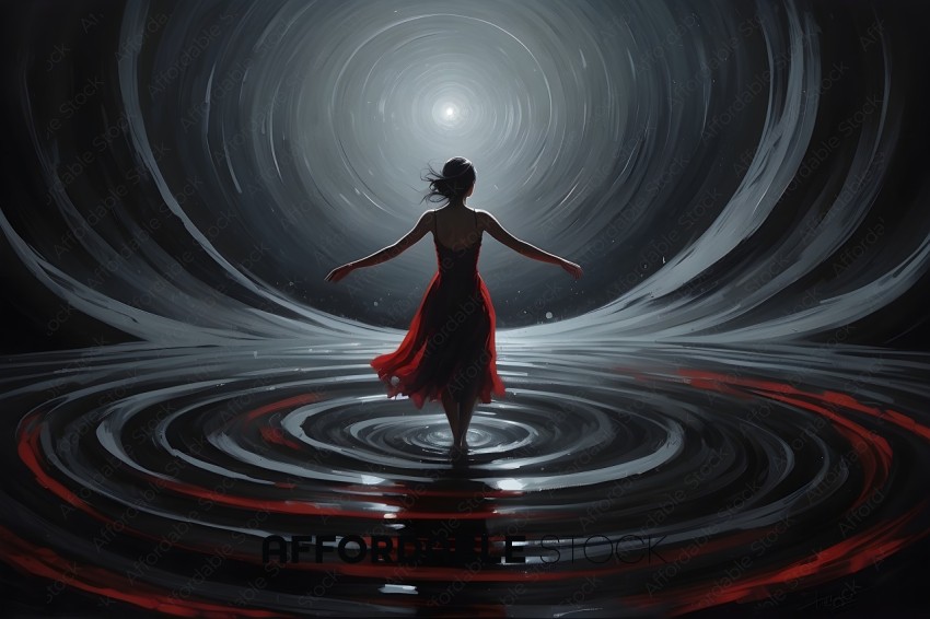 A woman in a red dress standing in a body of water