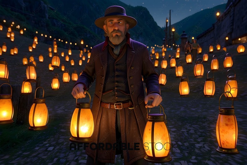 Man holding lanterns in a village