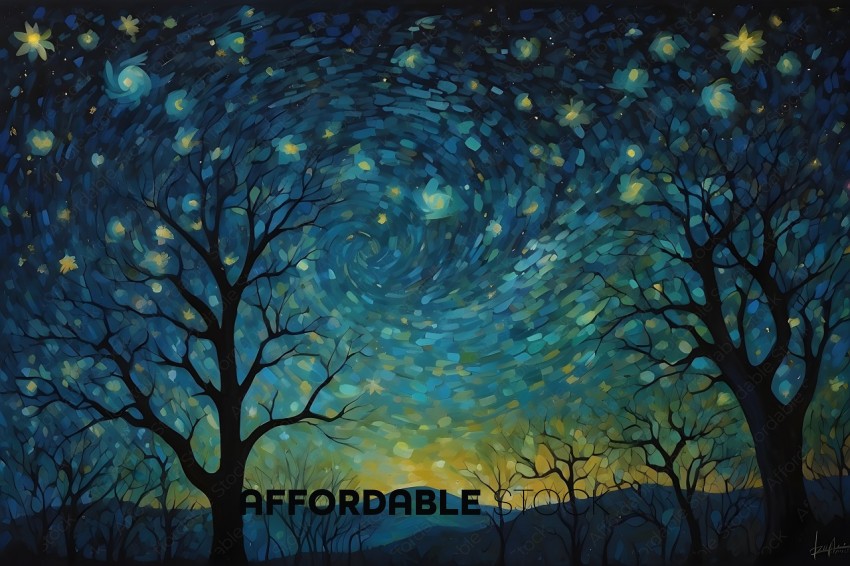 A painting of a tree and a starry sky