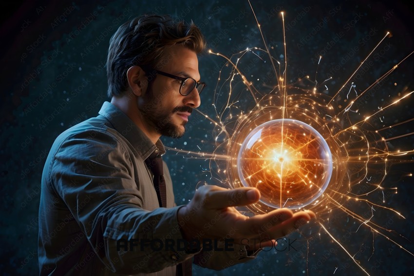 A man in a suit and glasses is holding a sphere with a bright light