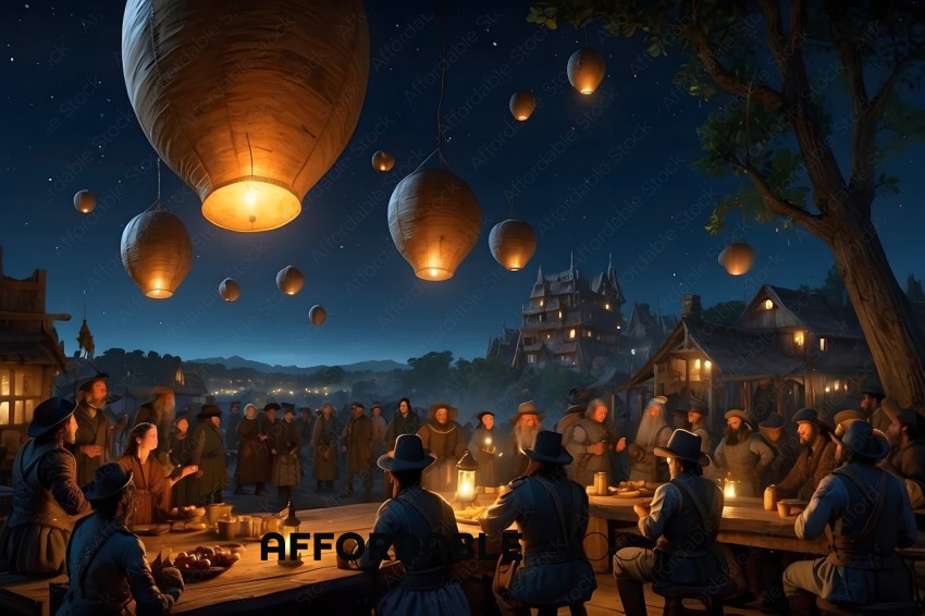A group of people are gathered around a table with lanterns