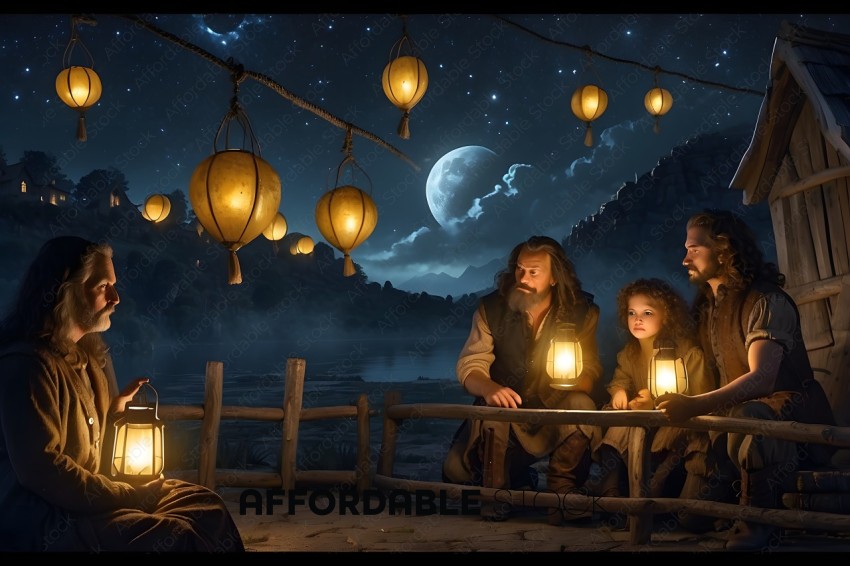 A family of four sitting around a campfire at night