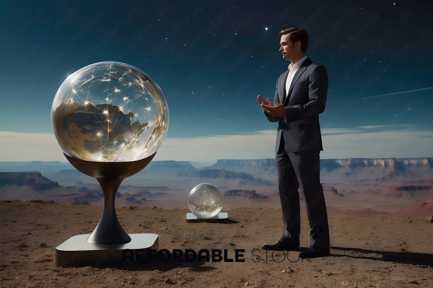 A man in a suit standing on a desert with a globe and a sphere