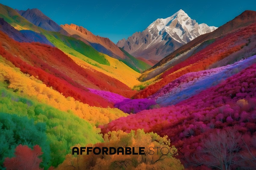 A vibrant mountain landscape with a rainbow of colors