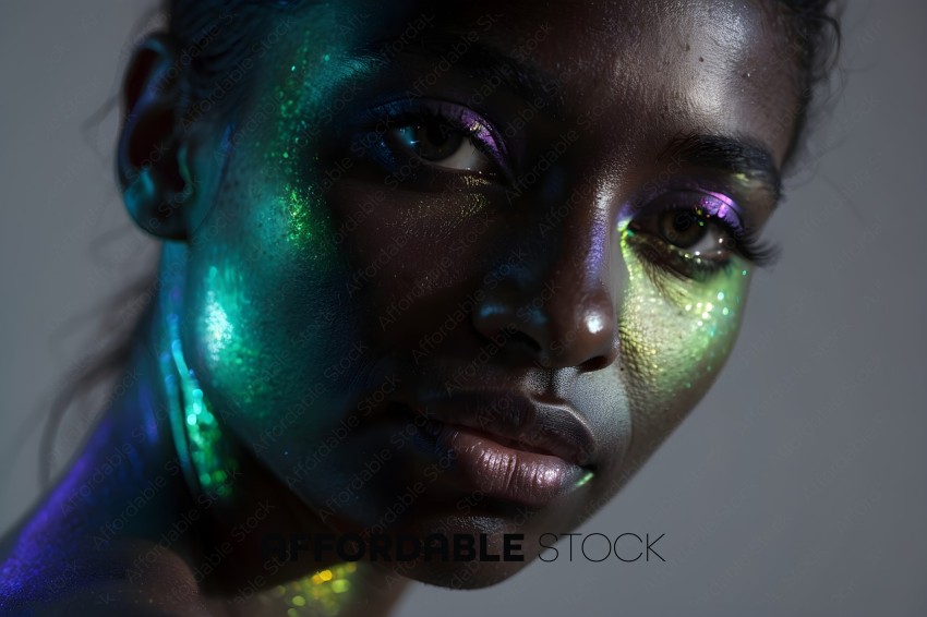 A woman with green and purple glitter on her face
