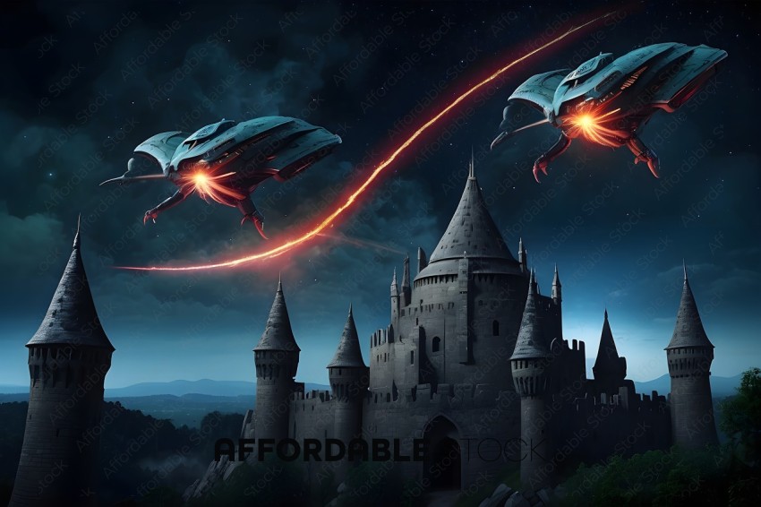Two dragons flying over a castle