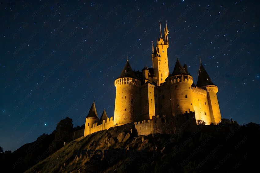 A castle with a starry sky in the background