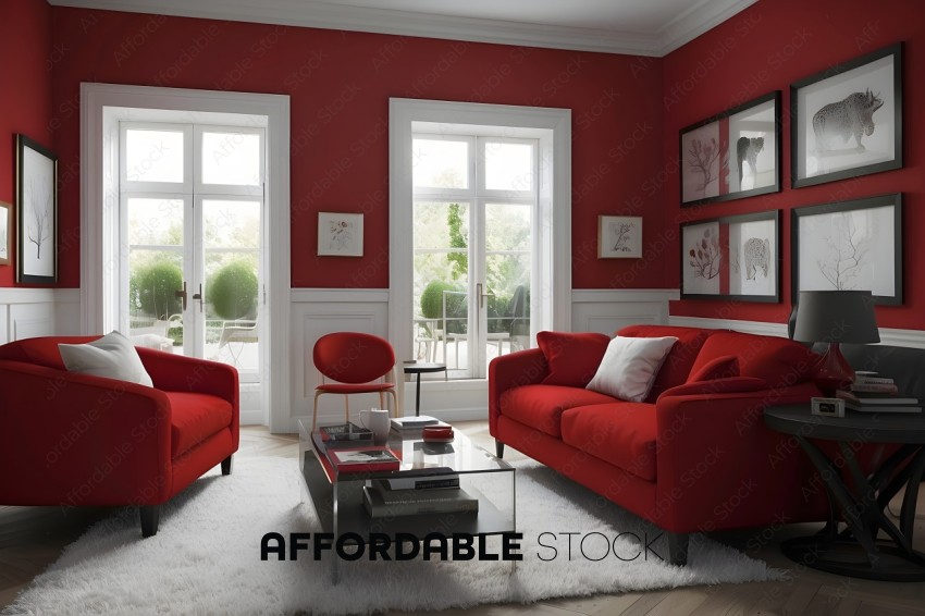 A Red Living Room with Red Furniture and White Rug
