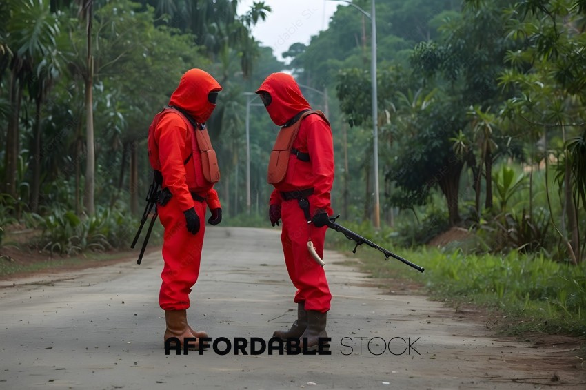 Two men in red jumpsuits and masks are standing on a road