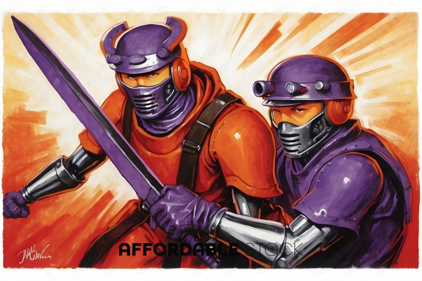 Two men dressed in purple armor holding a sword
