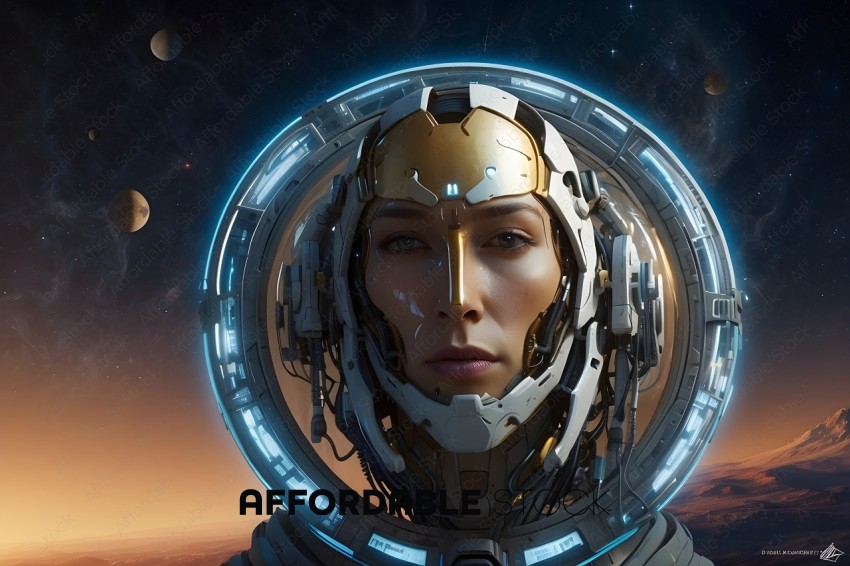 A futuristic looking woman with a gold helmet on her head