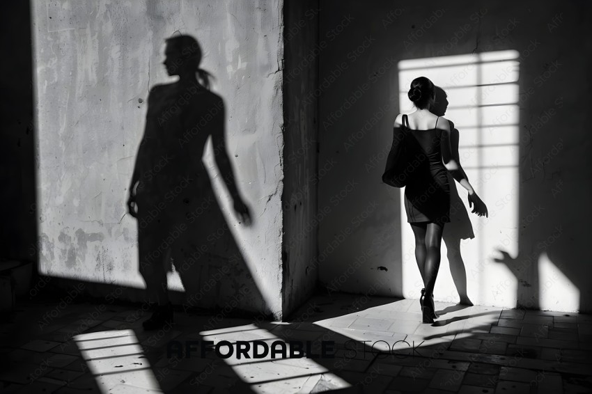 A woman in a black dress is standing in front of a wall