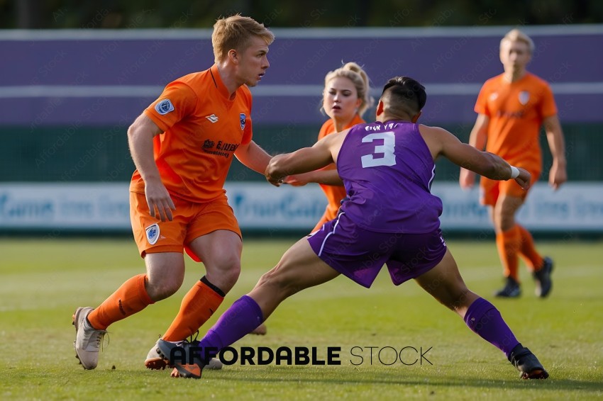 Soccer Player in Orange and Purple Uniforms