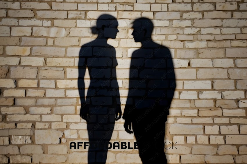 A man and a woman are standing in front of a brick wall