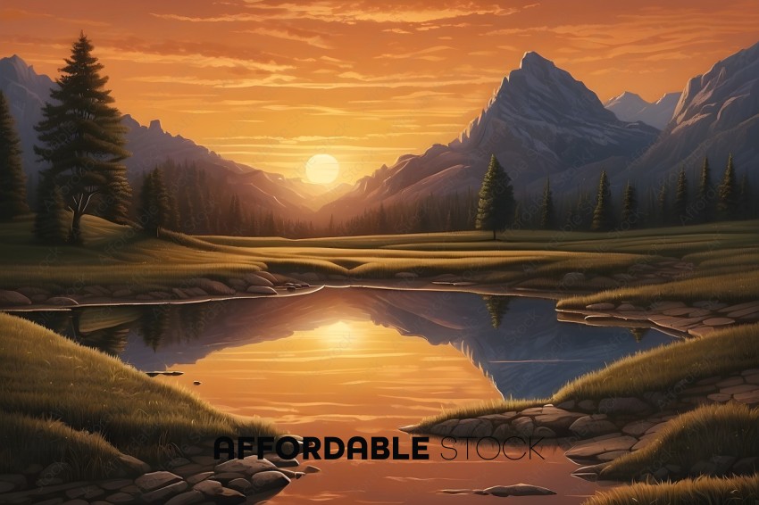 A beautiful painting of a mountain range with a lake and a sunset
