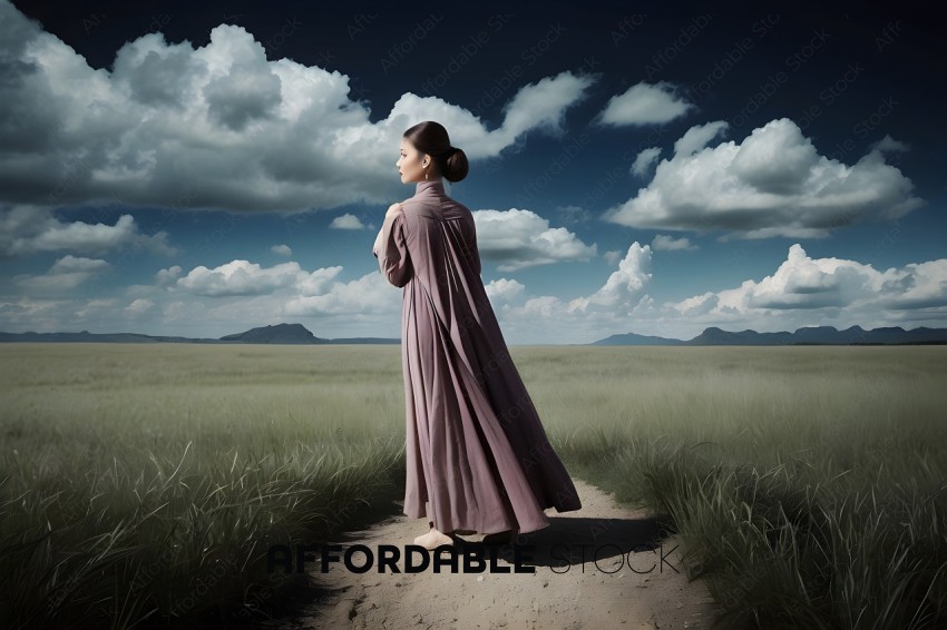 A woman in a long dress walks through a field