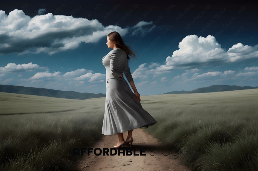 A woman in a gray dress walks down a dirt path in a field